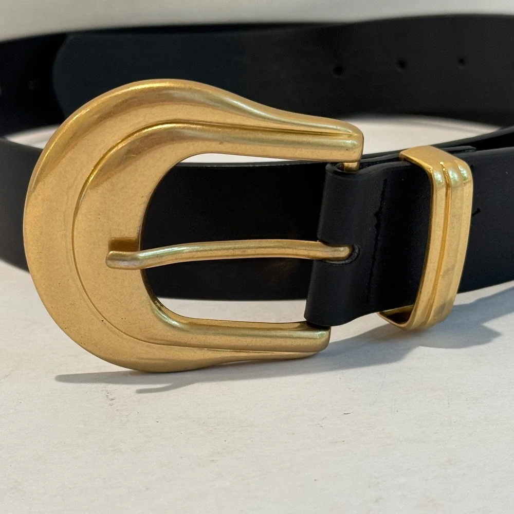 Zara‎ Belt Womens Medium Black Gold Horseshoe Buckle Faux Vegan Leather Western